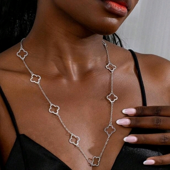 Four Leaf Clover Silver Long Necklace - Picture 2 of 4